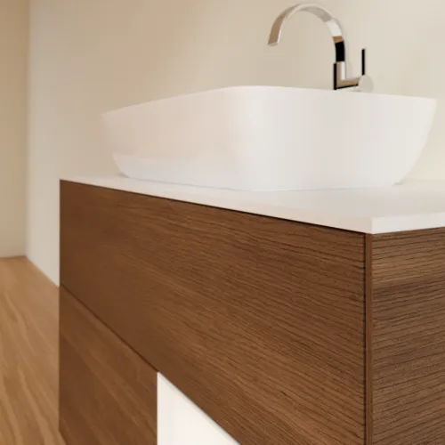 VILLEROY BOCH Umyvadlová skříňka Finion, s osvětlením, 2 výsuvy, 1000 x 603 x 501 mm, ořechová dýha / bílý matný lak / bílé matné sklo #F781MTGN, obrázek 6