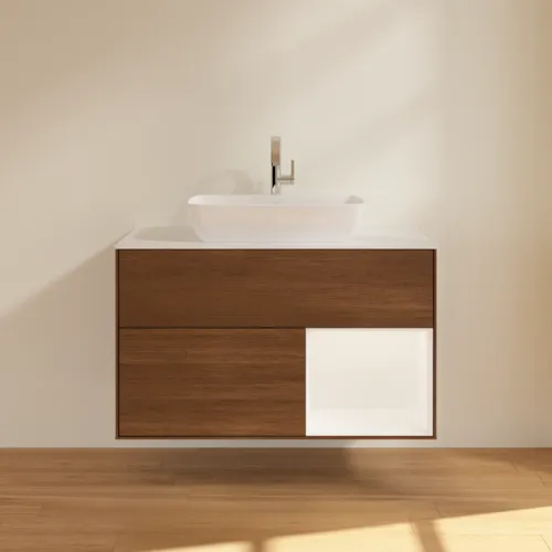 VILLEROY BOCH Umyvadlová skříňka Finion, s osvětlením, 2 výsuvy, 1000 x 603 x 501 mm, ořechová dýha / bílý matný lak / bílé matné sklo #F781MTGN, obrázek 3
