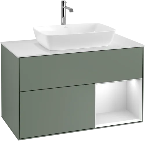VILLEROY BOCH Toaletní skříňka Finion, s osvětlením, 2 výsuvy, 1000 x 603 x 501 mm, olivový matný lak / bílý matný lak / bílé matné sklo #F781MTGM, obrázek 1