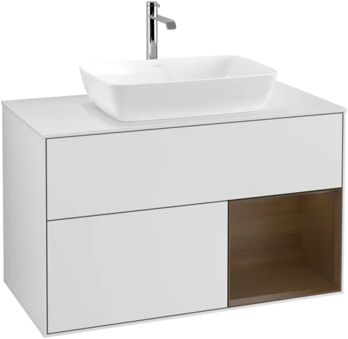 VILLEROY BOCH Toaletní skříňka Finion, s osvětlením, 2 výsuvy, 1000 x 603 x 501 mm, bílý matný lak / ořechová dýha / sklo bílé matné #F781GNMT, obrázek 1