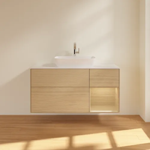 VILLEROY BOCH Toaletní skříňka Finion, s osvětlením, 3 výsuvy, 1200 x 603 x 501 mm, dubová dýha / dubová dýha / sklo bílé matné #F831PCPC, obrázek 3