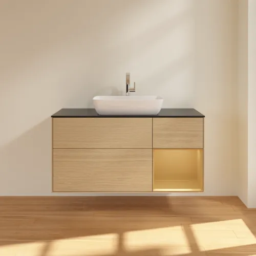 VILLEROY BOCH Toaletní skříňka Finion, s osvětlením, 3 výsuvy, 1200 x 603 x 501 mm, dubová dýha / zlatý matný lak / černé matné sklo #F832HFPC, obrázek 3