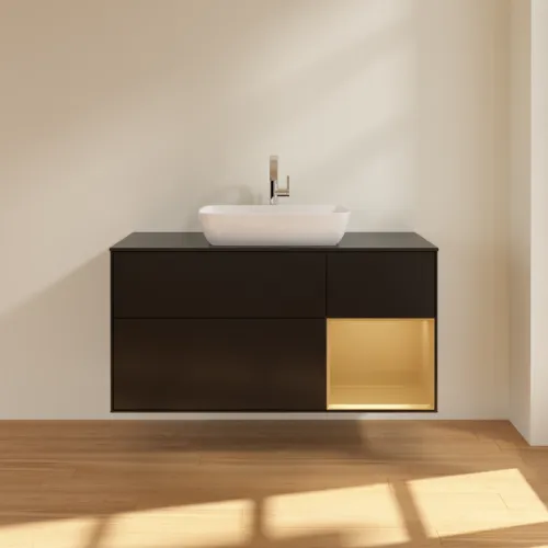 VILLEROY BOCH Toaletní skříňka Finion, s osvětlením, 3 výsuvy, 1200 x 603 x 501 mm, černý matný lak / zlatý matný lak / černé matné sklo #F832HFPD, obrázek 3