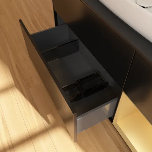 VILLEROY BOCH Toaletní skříňka Finion, s osvětlením, 3 výsuvy, 1200 x 603 x 501 mm, černý matný lak / zlatý matný lak / černé matné sklo #F832HFPD, obrázek 7