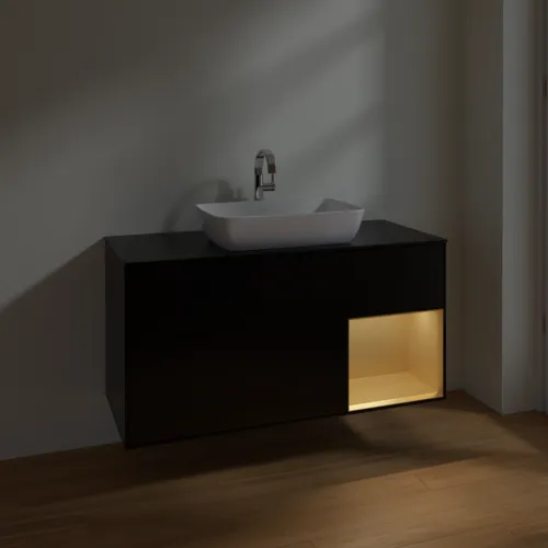 VILLEROY BOCH Toaletní skříňka Finion, s osvětlením, 3 výsuvy, 1200 x 603 x 501 mm, černý matný lak / zlatý matný lak / černé matné sklo #F832HFPD, obrázek 5