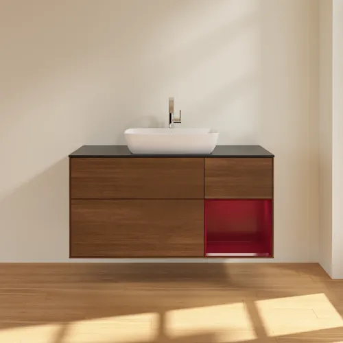 VILLEROY BOCH Toaletní skříňka Finion, s osvětlením, 3 výsuvy, 1200 x 603 x 501 mm, ořechová dýha / matný lak Pivoňka / černé matné sklo #F832HBGN, obrázek 3