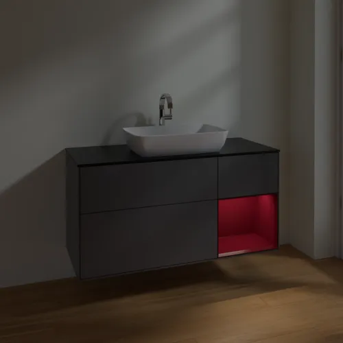 VILLEROY BOCH Toaletní skříňka Finion, s osvětlením, 3 výsuvy, 1200 x 603 x 501 mm, antracitový matný lak / pivoňkový matný lak / černé matné sklo #F832HBGK, obrázek 5