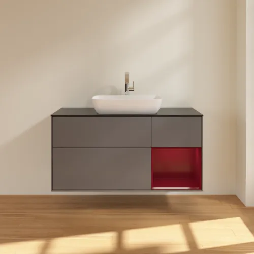 VILLEROY BOCH Toaletní skříňka Finion, s osvětlením, 3 výsuvy, 1200 x 603 x 501 mm, antracitový matný lak / pivoňkový matný lak / černé matné sklo #F832HBGK, obrázek 3