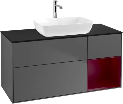 VILLEROY BOCH Toaletní skříňka Finion, s osvětlením, 3 výsuvy, 1200 x 603 x 501 mm, antracitový matný lak / pivoňkový matný lak / černé matné sklo #F832HBGK, obrázek 1