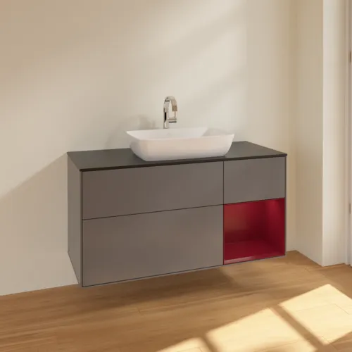 VILLEROY BOCH Toaletní skříňka Finion, s osvětlením, 3 výsuvy, 1200 x 603 x 501 mm, antracitový matný lak / pivoňkový matný lak / černé matné sklo #F832HBGK, obrázek 2