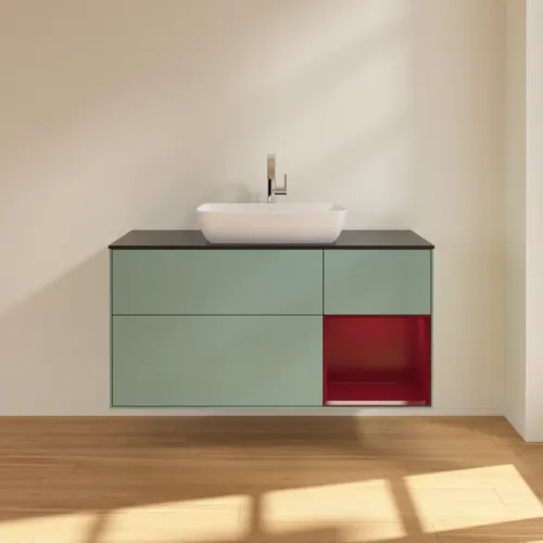 VILLEROY BOCH Toaletní skříňka Finion, s osvětlením, 3 výsuvy, 1200 x 603 x 501 mm, olivový matný lak / pivoňkový matný lak / černé matné sklo #F832HBGM, obrázek 3