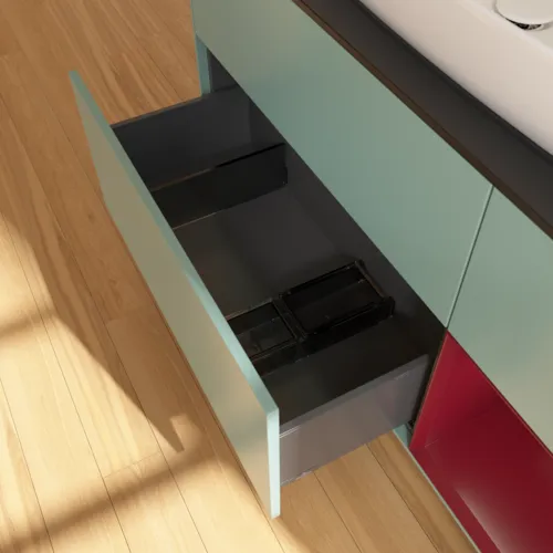 VILLEROY BOCH Toaletní skříňka Finion, s osvětlením, 3 výsuvy, 1200 x 603 x 501 mm, olivový matný lak / pivoňkový matný lak / černé matné sklo #F832HBGM, obrázek 7