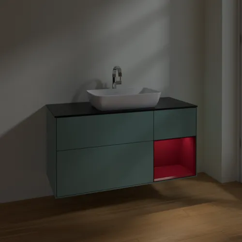 VILLEROY BOCH Toaletní skříňka Finion, s osvětlením, 3 výsuvy, 1200 x 603 x 501 mm, olivový matný lak / pivoňkový matný lak / černé matné sklo #F832HBGM, obrázek 5