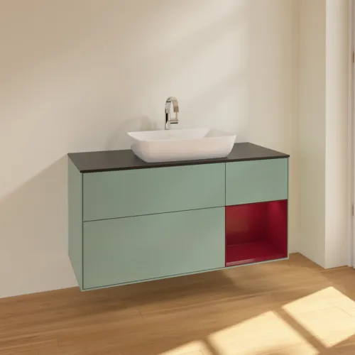 VILLEROY BOCH Toaletní skříňka Finion, s osvětlením, 3 výsuvy, 1200 x 603 x 501 mm, olivový matný lak / pivoňkový matný lak / černé matné sklo #F832HBGM, obrázek 2