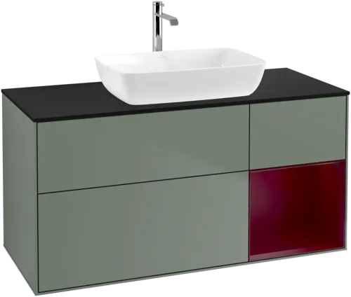 VILLEROY BOCH Toaletní skříňka Finion, s osvětlením, 3 výsuvy, 1200 x 603 x 501 mm, olivový matný lak / pivoňkový matný lak / černé matné sklo #F832HBGM, obrázek 1