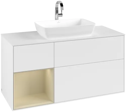 VILLEROY BOCH Toaletní skříňka Finion, s osvětlením, 3 výsuvy, 1200 x 603 x 501 mm, bílý matný lak / hedvábně šedý matný lak / bílé matné sklo #F821HJMT