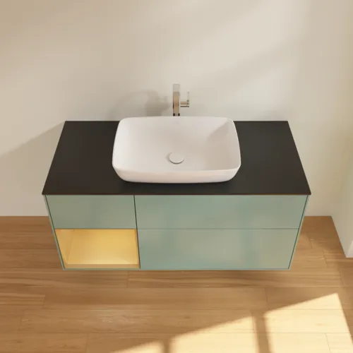 VILLEROY BOCH Toaletní skříňka Finion, s osvětlením, 3 výsuvy, 1200 x 603 x 501 mm, olivový matný lak / zlatý matný lak / černé matné sklo #F822HFGM, obrázek 4