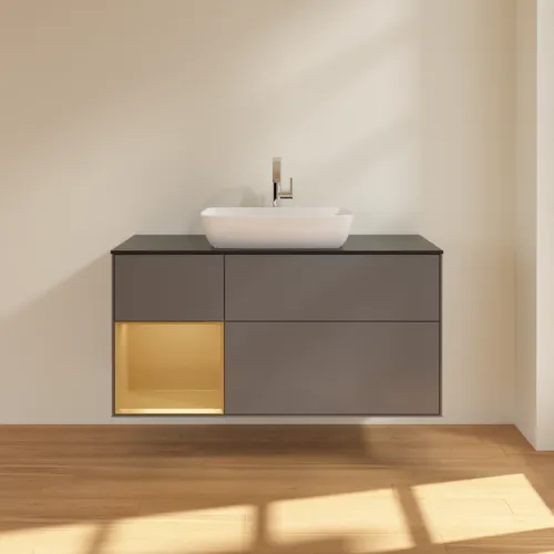 VILLEROY BOCH Toaletní skříňka Finion, s osvětlením, 3 výsuvy, 1200 x 603 x 501 mm, antracit matný lak / zlatý matný lak / černé matné sklo #F822HFGK, obrázek 3
