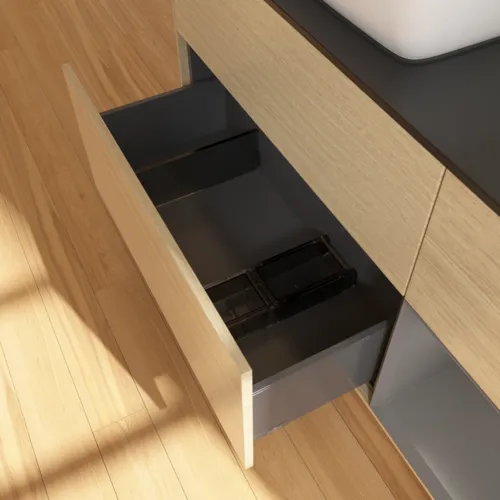 VILLEROY BOCH Toaletní skříňka Finion, s osvětlením, 3 výsuvy, 1200 x 603 x 501 mm, dubová dýha / antracitový matný lak / černé matné sklo #F812GKPC, obrázek 7