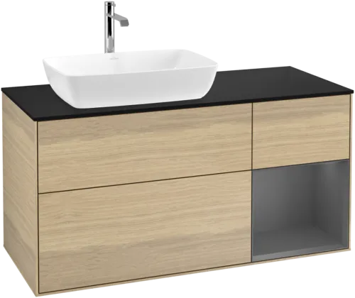 VILLEROY BOCH Toaletní skříňka Finion, s osvětlením, 3 výsuvy, 1200 x 603 x 501 mm, dubová dýha / antracitový matný lak / černé matné sklo #F812GKPC, obrázek 1