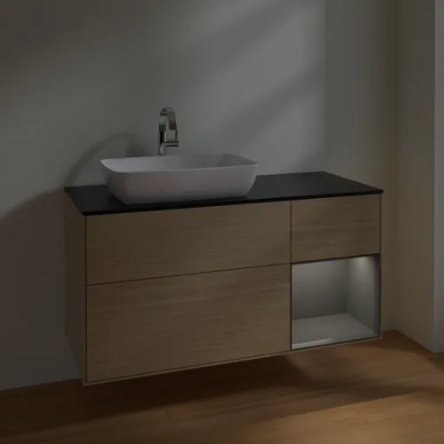 VILLEROY BOCH Toaletní skříňka Finion, s osvětlením, 3 výsuvy, 1200 x 603 x 501 mm, dubová dýha / antracitový matný lak / černé matné sklo #F812GKPC, obrázek 5