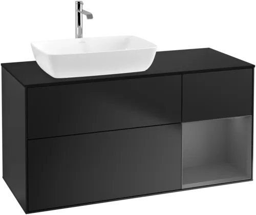 VILLEROY BOCH Toaletní skříňka Finion, s osvětlením, 3 výsuvy, 1200 x 603 x 501 mm, černý matný lak / antracitový matný lak / černé matné sklo #F812GKPD, obrázek 1
