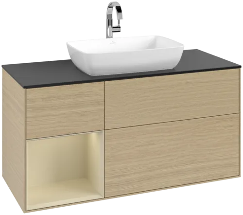 VILLEROY BOCH Toaletní skříňka Finion, s osvětlením, 3 výsuvy, 1200 x 603 x 501 mm, dubová dýha / hedvábně šedý matný lak / sklo černé matné #F822HJPC