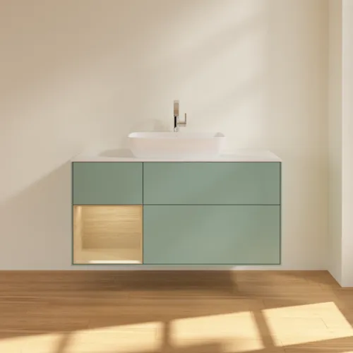 VILLEROY BOCH Toaletní skříňka Finion, s osvětlením, 3 výsuvy, 1200 x 603 x 501 mm, olivový matný lak / dubová dýha / sklo bílé matné #F821PCGM, obrázek 3