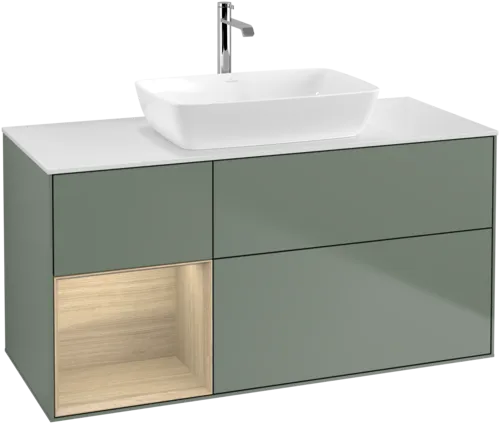 VILLEROY BOCH Toaletní skříňka Finion, s osvětlením, 3 výsuvy, 1200 x 603 x 501 mm, olivový matný lak / dubová dýha / sklo bílé matné #F821PCGM, obrázek 1