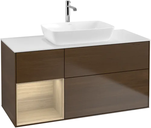 VILLEROY BOCH Toaletní skříňka Finion, s osvětlením, 3 výsuvy, 1200 x 603 x 501 mm, ořechová dýha / dubová dýha / sklo bílé matné #F821PCGN, obrázek 1