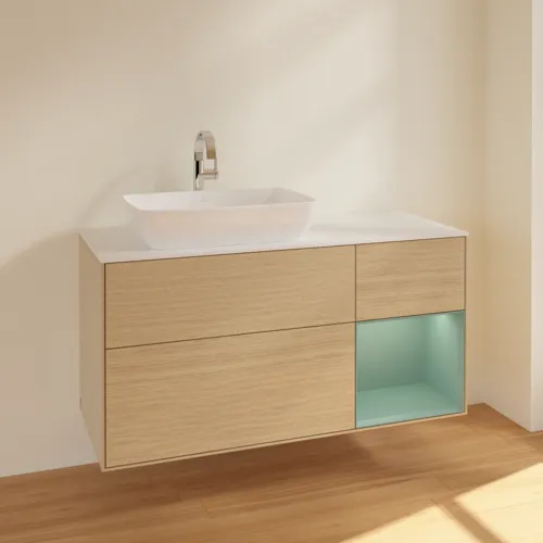 VILLEROY BOCH Toaletní skříňka Finion, s osvětlením, 3 výsuvy, 1200 x 603 x 501 mm, dubová dýha / olivový matný lak / sklo bílé matné #F811GMPC, obrázek 2