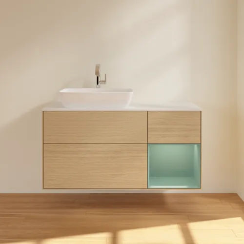 VILLEROY BOCH Toaletní skříňka Finion, s osvětlením, 3 výsuvy, 1200 x 603 x 501 mm, dubová dýha / olivový matný lak / sklo bílé matné #F811GMPC, obrázek 3
