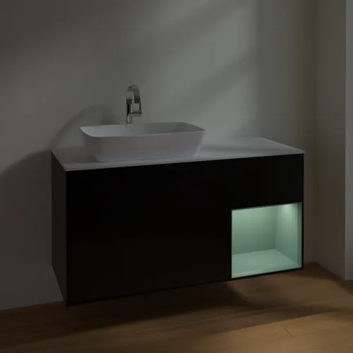 VILLEROY BOCH Toaletní skříňka Finion, s osvětlením, 3 výsuvy, 1200 x 603 x 501 mm, černý matný lak / olivový matný lak / bílé matné sklo #F811GMPD, obrázek 5