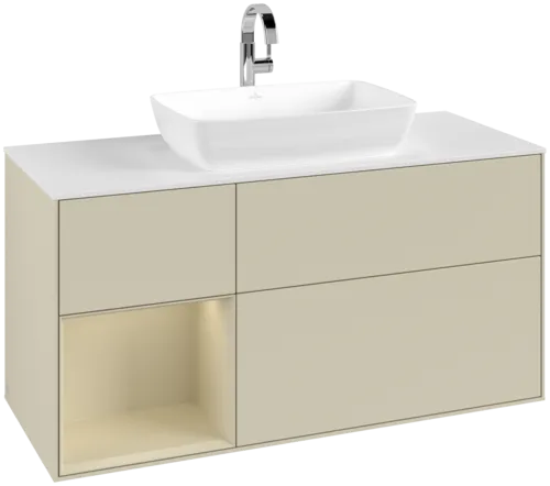VILLEROY BOCH Toaletní skříňka Finion, s osvětlením, 3 výsuvy, 1200 x 603 x 501 mm, Silk Grey Matt Lacquer / Silk Grey Matt Lacquer / Glass White Matt #F821HJHJ