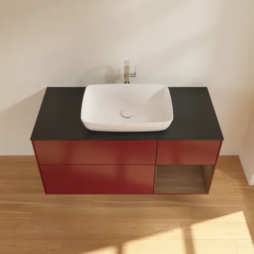 VILLEROY BOCH Toaletní skříňka Finion, s osvětlením, 3 výsuvy, 1200 x 603 x 501 mm, matný lak Peony / ořechová dýha / černé matné sklo #F832GNHB, obrázek 4