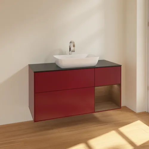 VILLEROY BOCH Toaletní skříňka Finion, s osvětlením, 3 výsuvy, 1200 x 603 x 501 mm, matný lak Peony / ořechová dýha / černé matné sklo #F832GNHB, obrázek 2