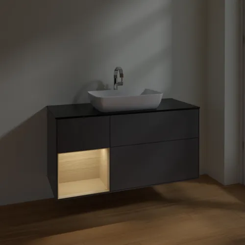 VILLEROY BOCH Toaletní skříňka Finion, s osvětlením, 3 výsuvy, 1200 x 603 x 501 mm, antracitový matný lak / dubová dýha / černé matné sklo #F822PCGK, obrázek 5