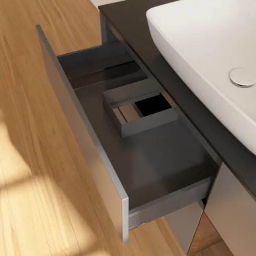 VILLEROY BOCH Toaletní skříňka Finion, s osvětlením, 3 výsuvy, 1200 x 603 x 501 mm, antracitový matný lak / ořechová dýha / černé matné sklo #F832GNGK, obrázek 8