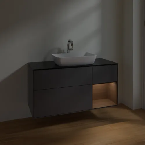VILLEROY BOCH Toaletní skříňka Finion, s osvětlením, 3 výsuvy, 1200 x 603 x 501 mm, antracitový matný lak / ořechová dýha / černé matné sklo #F832GNGK, obrázek 5