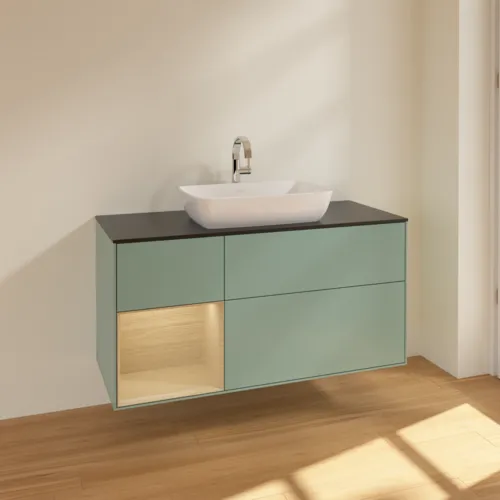 VILLEROY BOCH Toaletní skříňka Finion, s osvětlením, 3 výsuvy, 1200 x 603 x 501 mm, olivový matný lak / dubová dýha / sklo černé matné #F822PCGM, obrázek 2