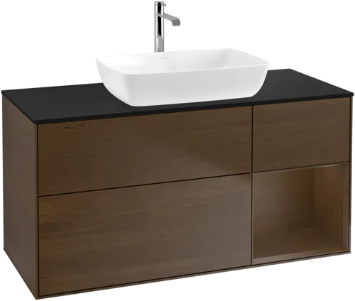 VILLEROY BOCH Toaletní skříňka Finion, s osvětlením, 3 výsuvy, 1200 x 603 x 501 mm, ořechová dýha / ořechová dýha / sklo černé matné #F832GNGN, obrázek 1