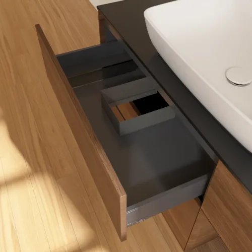 VILLEROY BOCH Toaletní skříňka Finion, s osvětlením, 3 výsuvy, 1200 x 603 x 501 mm, ořechová dýha / ořechová dýha / sklo černé matné #F832GNGN, obrázek 8