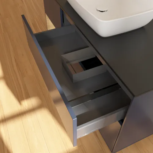 VILLEROY BOCH Toaletní skříňka Finion, s osvětlením, 3 výsuvy, 1200 x 603 x 501 mm, Midnight Blue Matt Lacquer / Oak Veneer / Glass Black Matt #F822PCHG, obrázek 8