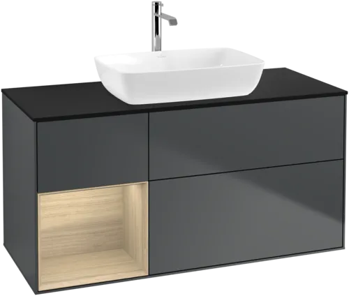 VILLEROY BOCH Toaletní skříňka Finion, s osvětlením, 3 výsuvy, 1200 x 603 x 501 mm, Midnight Blue Matt Lacquer / Oak Veneer / Glass Black Matt #F822PCHG, obrázek 1