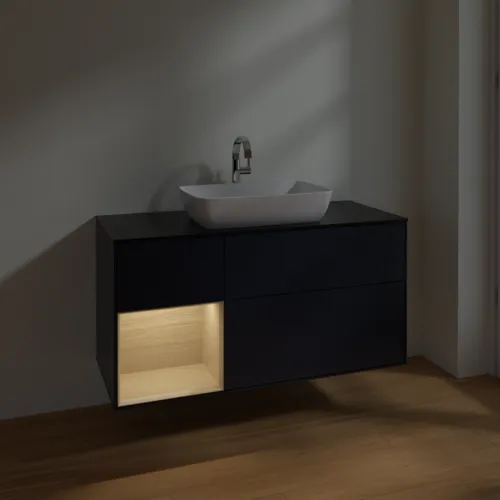 VILLEROY BOCH Toaletní skříňka Finion, s osvětlením, 3 výsuvy, 1200 x 603 x 501 mm, Midnight Blue Matt Lacquer / Oak Veneer / Glass Black Matt #F822PCHG, obrázek 5