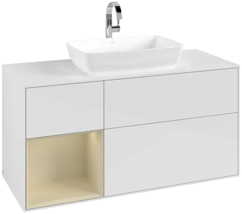 VILLEROY BOCH Toaletní skříňka Finion, s osvětlením, 3 výsuvy, 1200 x 603 x 501 mm, lesklý bílý lak / hedvábně šedý matný lak / bílé matné sklo #F821HJGF