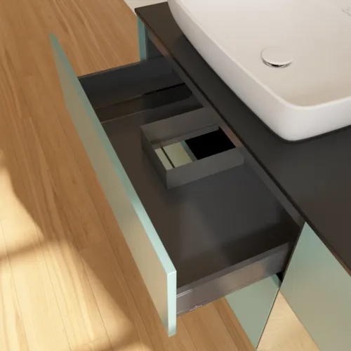 VILLEROY BOCH Toaletní skříňka Finion, s osvětlením, 3 výsuvy, 1200 x 603 x 501 mm, olivový matný lak / dubová dýha / sklo černé matné #F812PCGM, obrázek 8