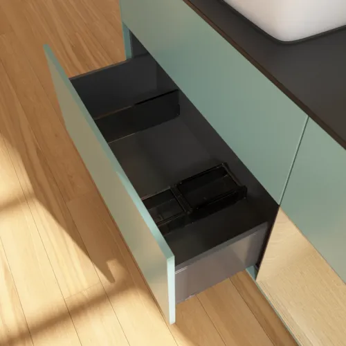 VILLEROY BOCH Toaletní skříňka Finion, s osvětlením, 3 výsuvy, 1200 x 603 x 501 mm, olivový matný lak / dubová dýha / sklo černé matné #F812PCGM, obrázek 7