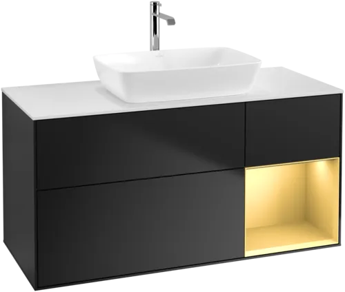 VILLEROY BOCH Toaletní skříňka Finion, s osvětlením, 3 výsuvy, 1200 x 603 x 501 mm, černý matný lak / zlatý matný lak / bílé matné sklo #F831HFPD, obrázek 1