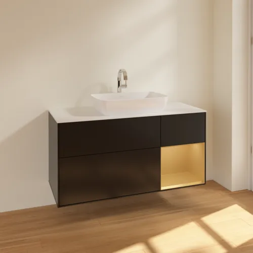 VILLEROY BOCH Toaletní skříňka Finion, s osvětlením, 3 výsuvy, 1200 x 603 x 501 mm, černý matný lak / zlatý matný lak / bílé matné sklo #F831HFPD, obrázek 2